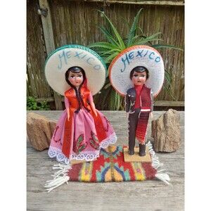 2 Vintage Mexican Folk Art Dolls, Retro Camino Real Tequila Advertising